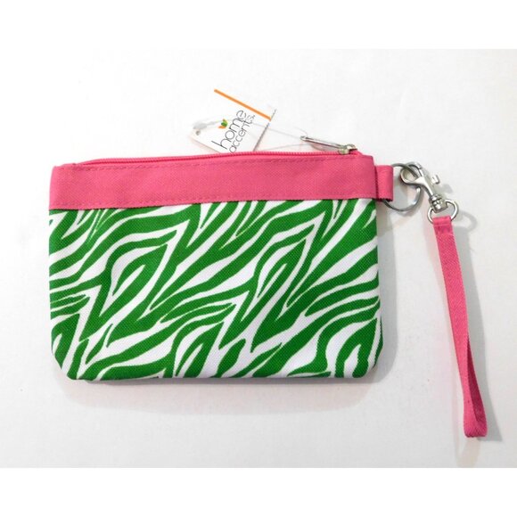 Zebra Print Tote Travel Cosmetic Case Wristlet Set Monogram T Green Pink Canvas - Picture 3 of 11